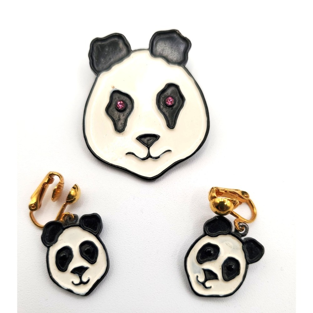 Vintage Pink Eyes Panda Face Brooch & Clip Earrings